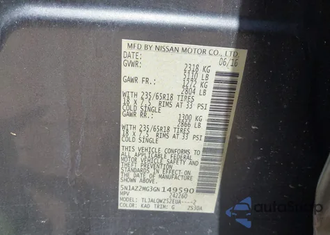 2016 Nissan Murano Sv z USA, uszkodzony, nr VIN 5N1AZ2MG3GN149590